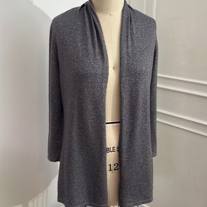 Silvery grey sparkle long cardigan. Pleat detail at neck. Size M.